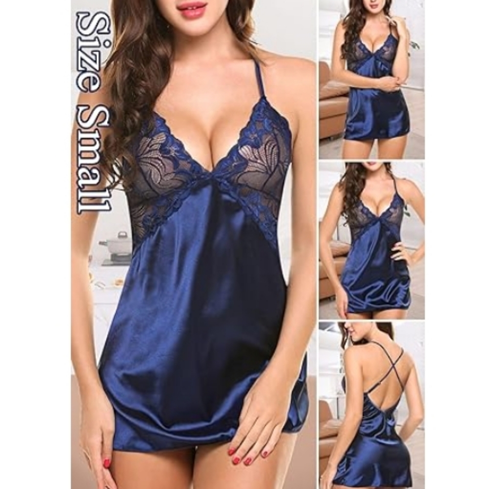 Avidlov Lingerie VNeck Nightwear Satin Lace Chemise Mini Teddy Blue